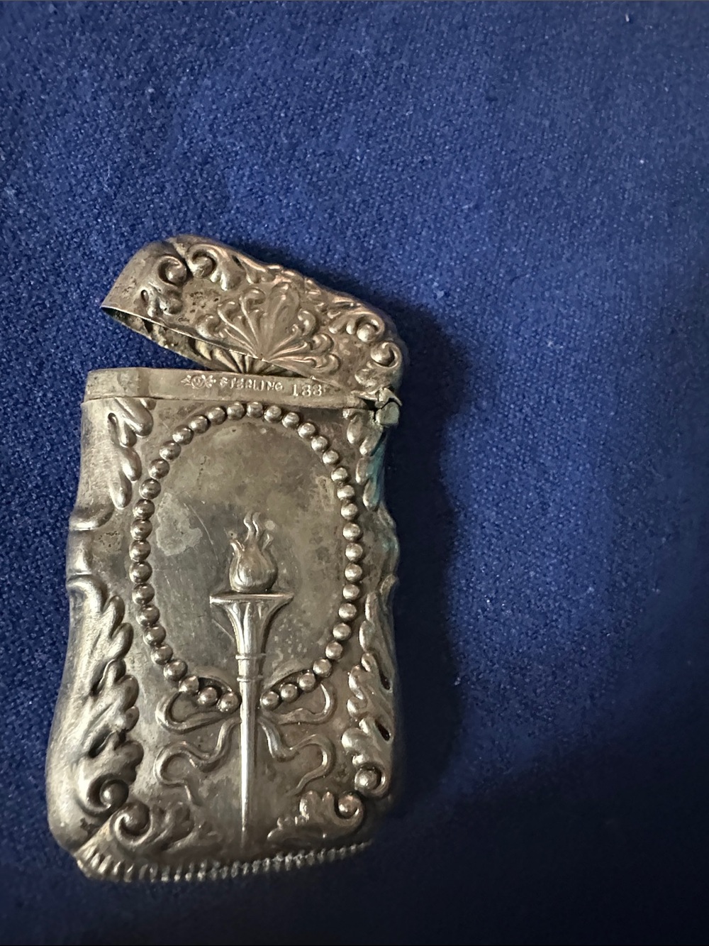 Sterling Silver Ornate Torch Motif Matchsafe - Silver